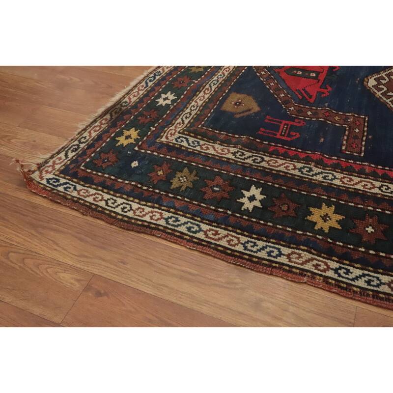 Hand Knotted Oriental 100% Wool Carpet Traditional Tribal Navy Blue & Blues Kazak Runner Rug - 6' 7'' X 3' 5''