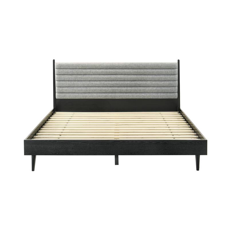 Mian King Platform Bed Frame, Channel Tufted, Black, Gray Upholstery