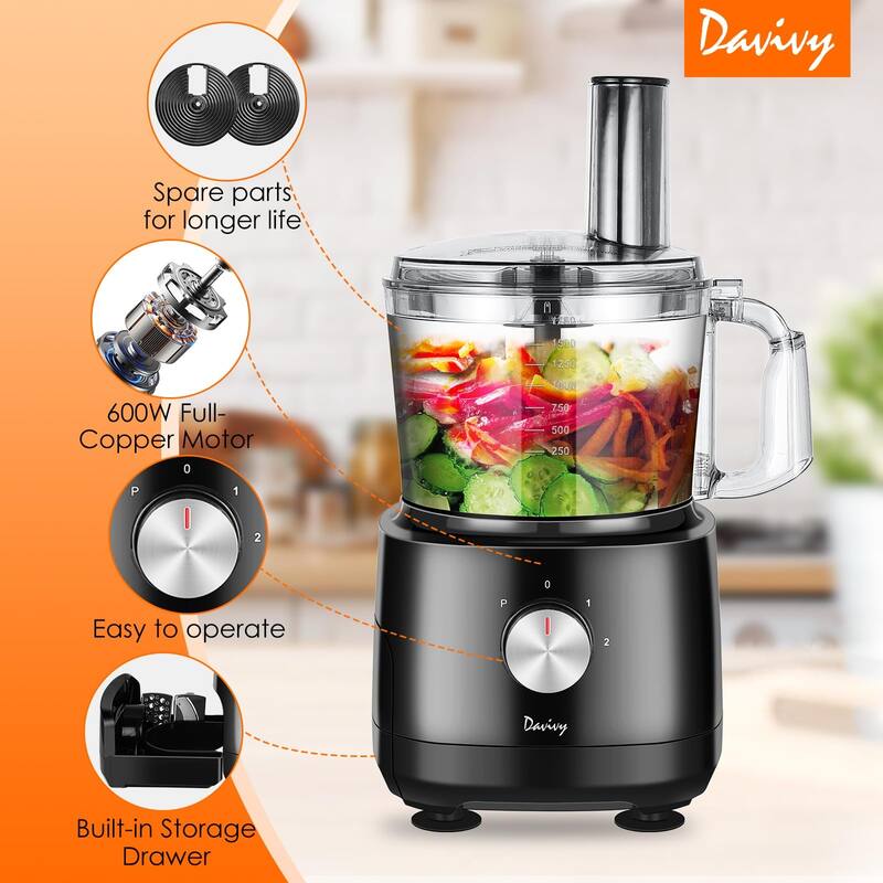 7 Cup Food Processors, 8 Functions Builtin Drawer for Blades Storage