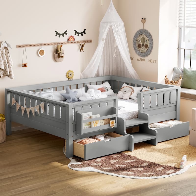 Multiple Colors Toddler Montessori Bed Children's Platform Bed with Low Profile Stairs, Built-in Bookshelf and Storage Drawers - Grey - Full