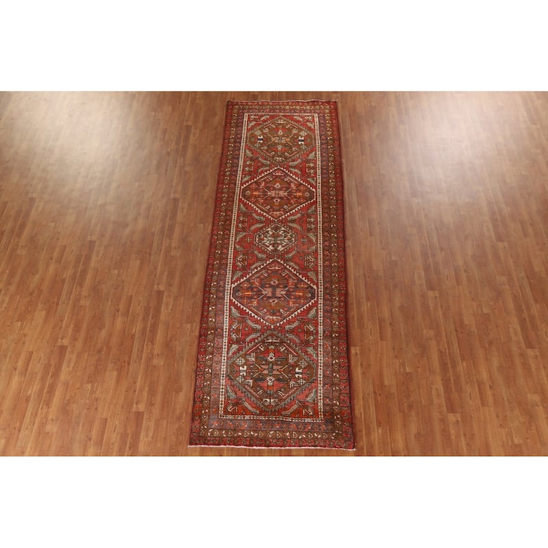 Heriz Persian Vintage Runner Rug Hand-knotted Red Wool Carpet - 3'11"x 11'10"