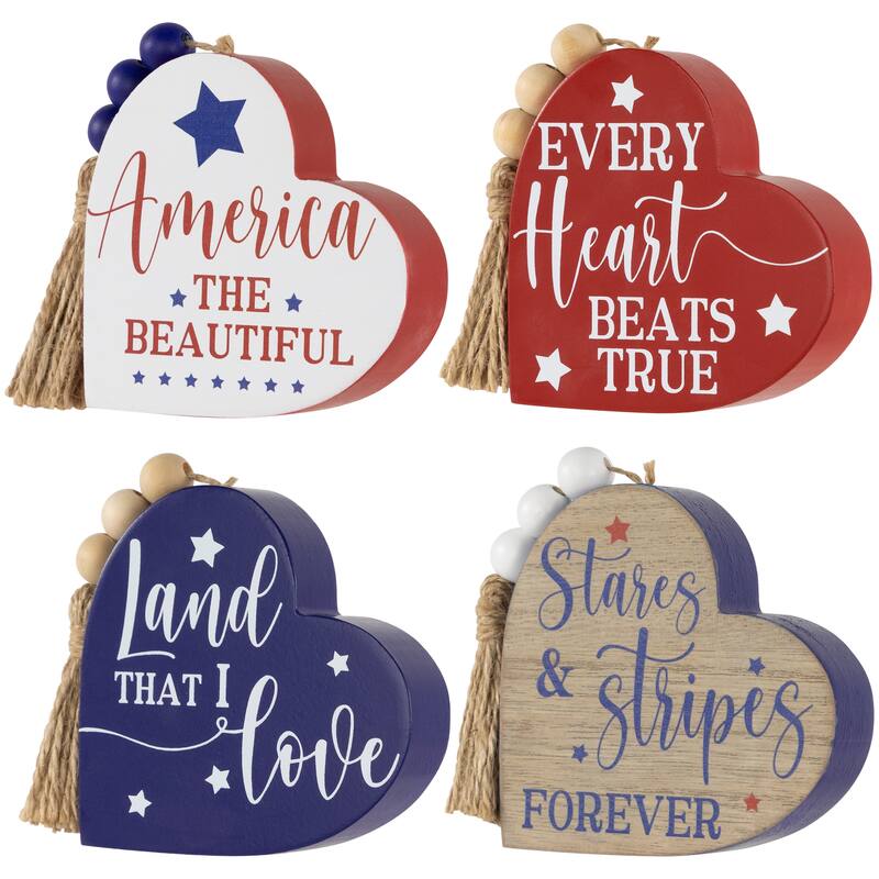Patriotic Hearts Wooden Tabletop Signs - 3.75" - Set of 4
