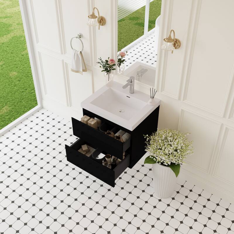 Modern Wall-Mounted Bathroom Vanity with White Solid Surface Top