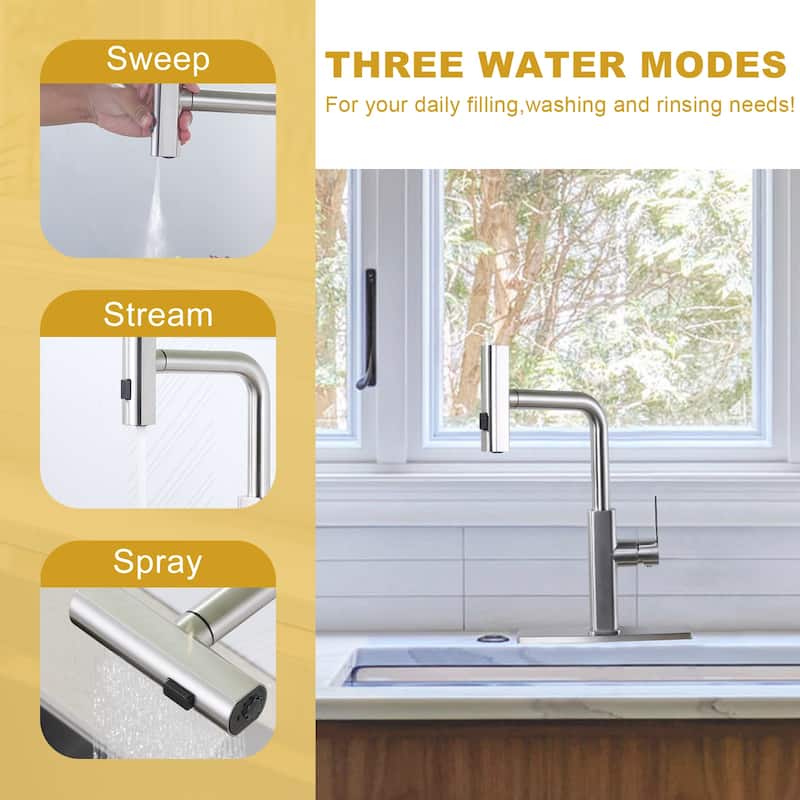 WOWOW Single Handle Pull Out Sprayer Kitchen Faucet with 3-Mode Advanced Spray