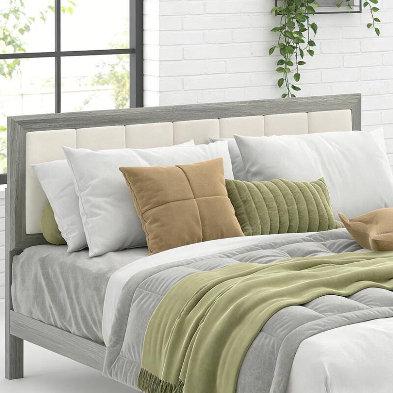 Rubber Wood Platform Bed Frame with Linen Fabric Upholstered Headboard/Adjustable Feet/No Box Spring Needed/Easy Assembly - Gray