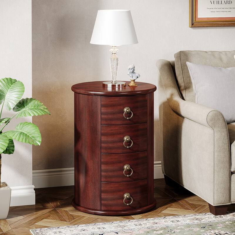 No Assembly Round Solid Wood End Table, Small Side Table with Drawers