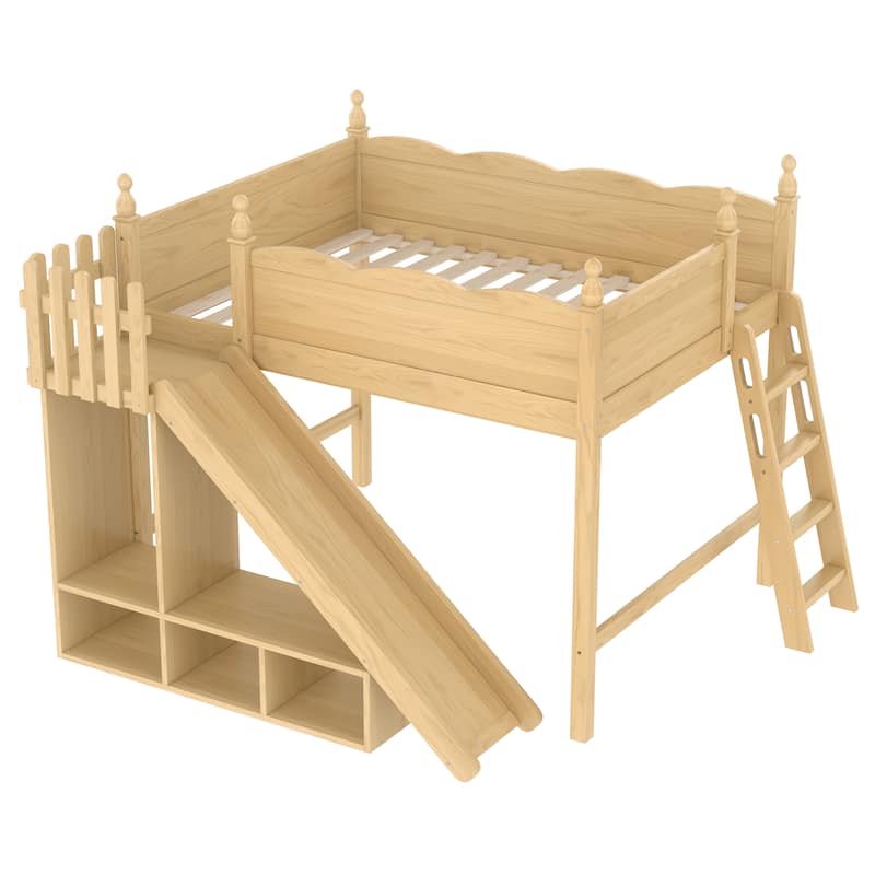 Queen/Full Size Solid Wood Loft Bed with Slide, Storage Shelves, Cabinet, Ladder & Play Area, No Box Spring Needed