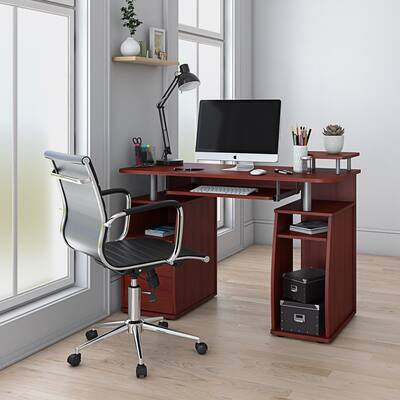 2 Storage Drawers and Pull Out Keyboard Tray with Safety Stop , Elevated Accessory Shelf Computer Desk