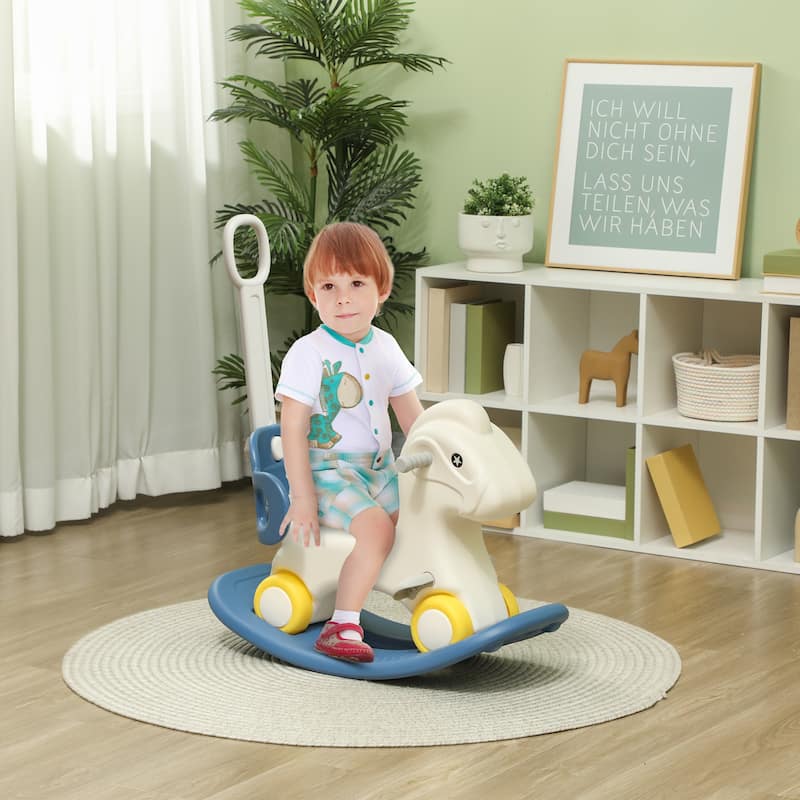 4 in 1 Rocking Horse for Toddles 2-5 Years, Baby Ride on Horse with Detachable Push Handle & Balance Board, - Blue