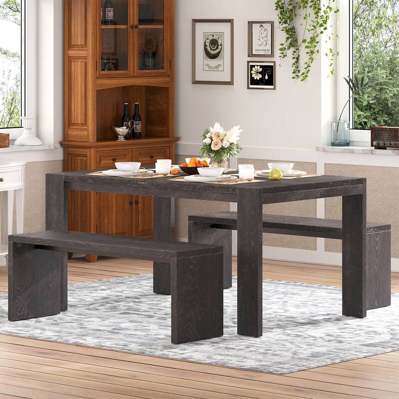 3-piece Farmhouse Style Simple Dining Set, Dining Table and 2 Benches, for Dining Room, Kitchen and Living Room