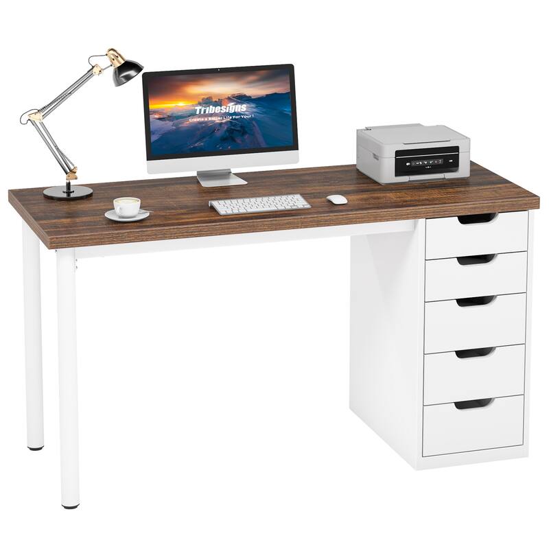 47-inch Computer Desk with 5-drawer, Wood and Metal Writing Desk for Study Living Room