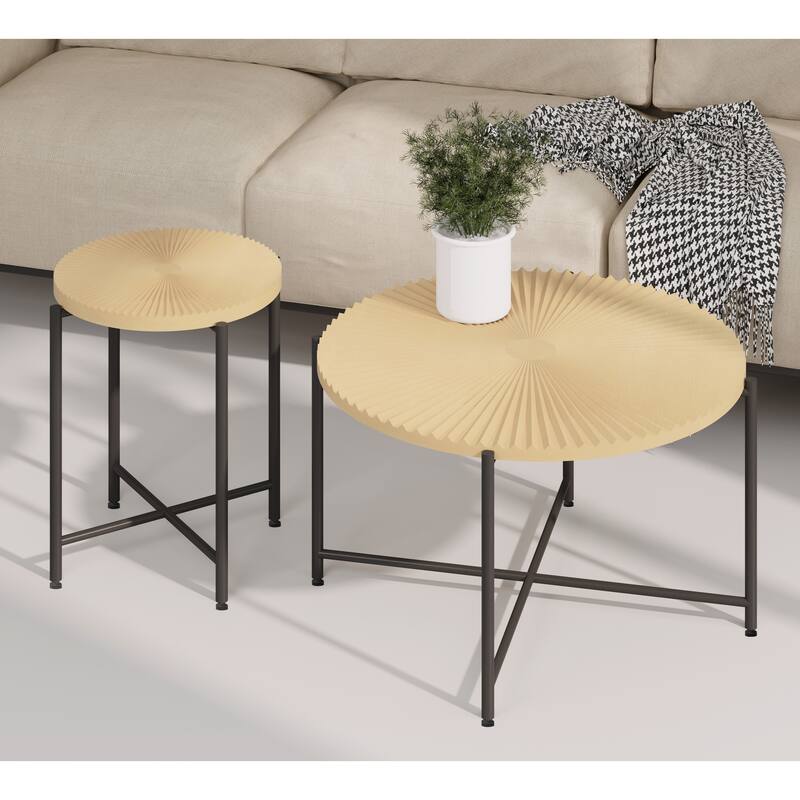 2-Piece Coffee and End Table Set - Waterproof MDF with PVC Cover, Distressed Cylindrical Design