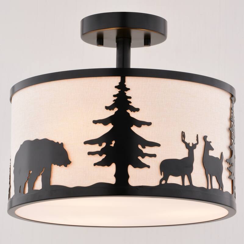 Acadia 13-in W Bronze Rustic Semi Flush Mount Ceiling Light White Linen Deer Tree - 13-in W x 11.25-in H x 13-in D