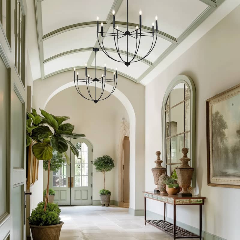 Modern 8-Light Matte Black Chandelier with Bowl-Shape for Dining Room - 35 " × 23.6 "