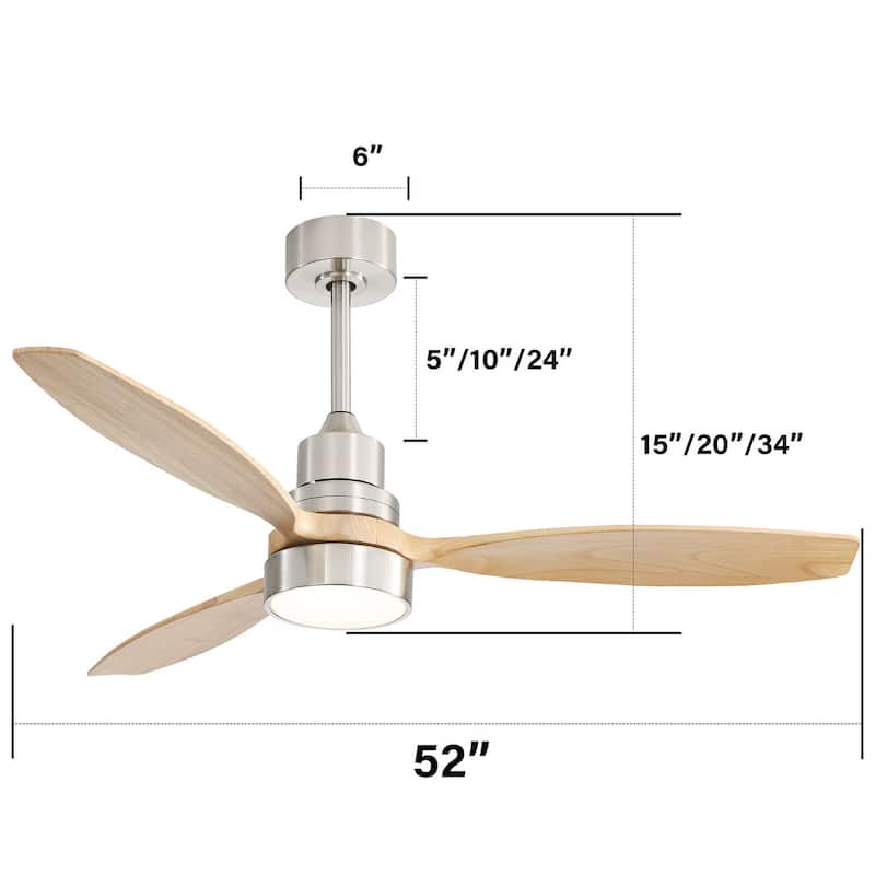 Sofucor 52-inch Solid Wood Ceiling Fan with LED Light,Remote Control Included,Reversible,Quiet and Powerful - With Light - Nickel with Natural Wood Blades