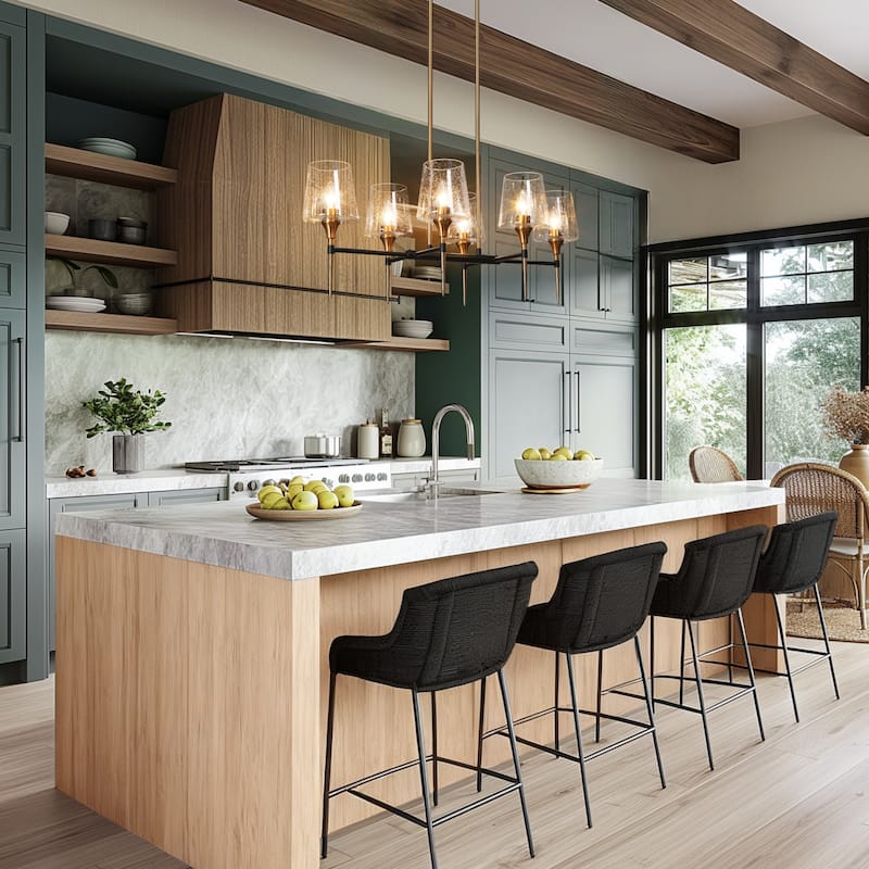 Mid-Century Modern 6-Light Black Gold Linear Chandelier Glass Island Lights for Dining Room