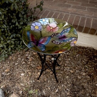 Alpine Corporation 18" Round Outdoor Birdbath Bowl Topper with Painted Purple Butterfly and Floral Design