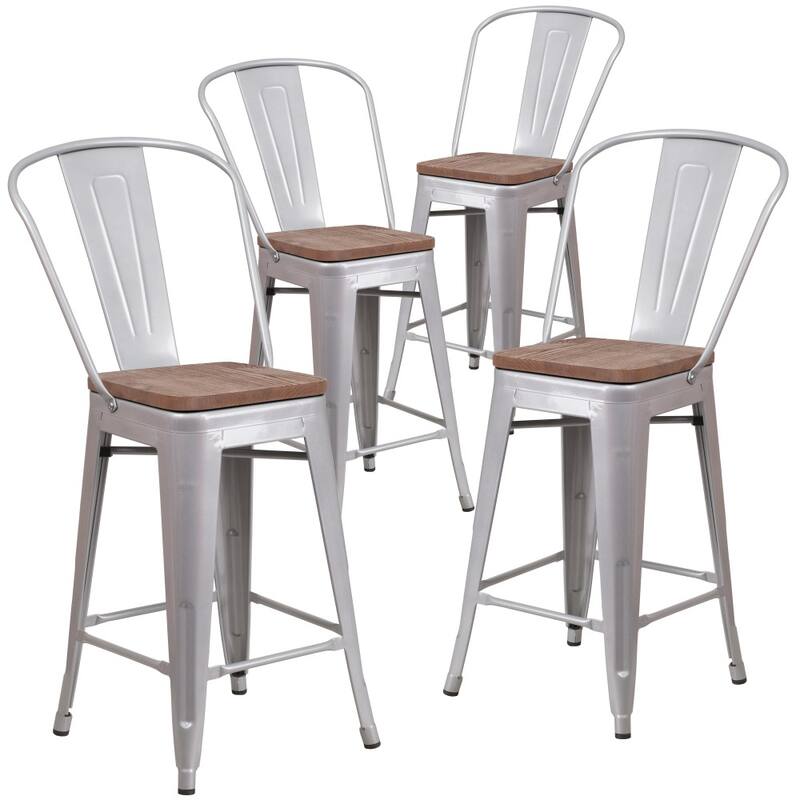 4 Pack 24" High Metal Counter Height Stool with Back and Wood Seat - 17.75"W x 20"D x 39.25"H