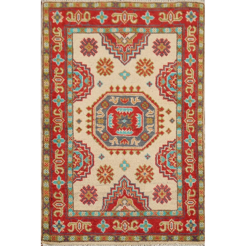 Geometric Kazak Accent Rug Hand-Knotted Beige Wool Carpet - 2'1"x 2'10"