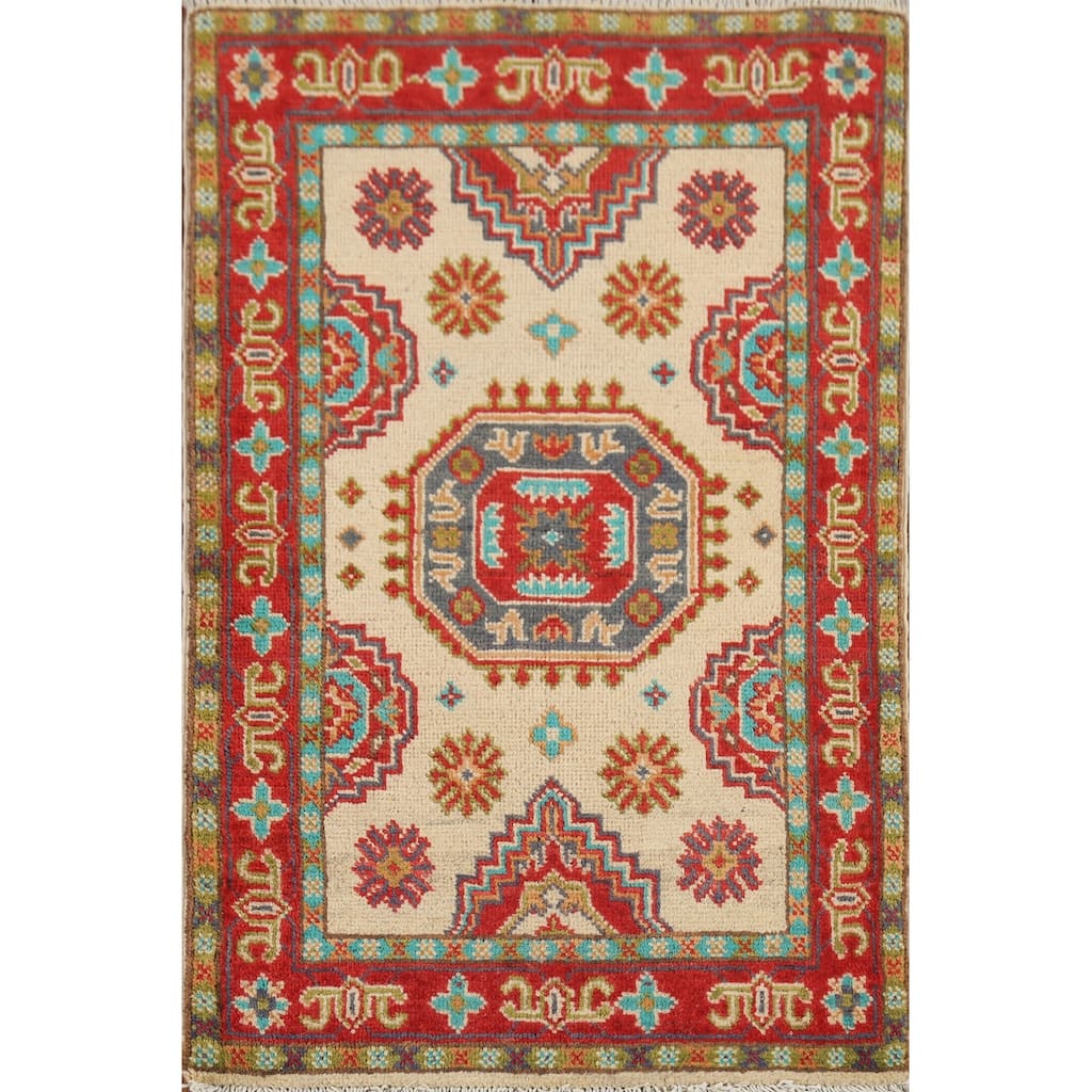 Geometric Kazak Accent Rug Hand-Knotted Beige Wool Carpet - 2'1"x 2'10"