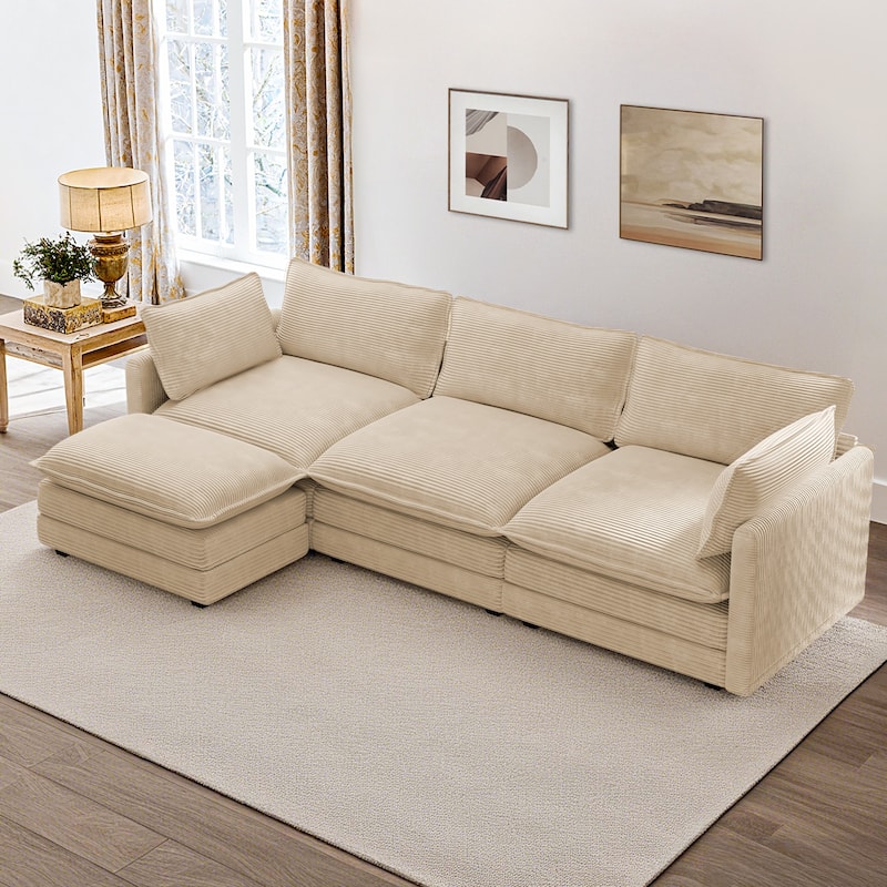 Oversized Modular Corduroy Sectional Sofa Set with Ottoman, 3-Seater / 4-Seater Deep Seat Lounge Couch for Living Room - Khaki-3 Seat - Reversible