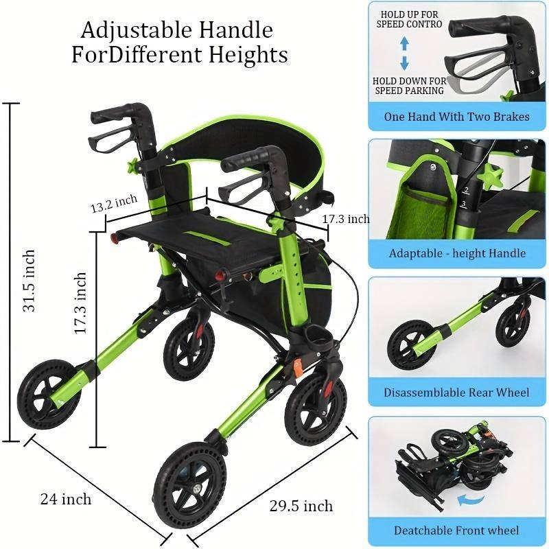 Lightweight Foldable All Terrain Rolling Walker with seat, Aluminum Walkers with 8 inch Rubber Wheels