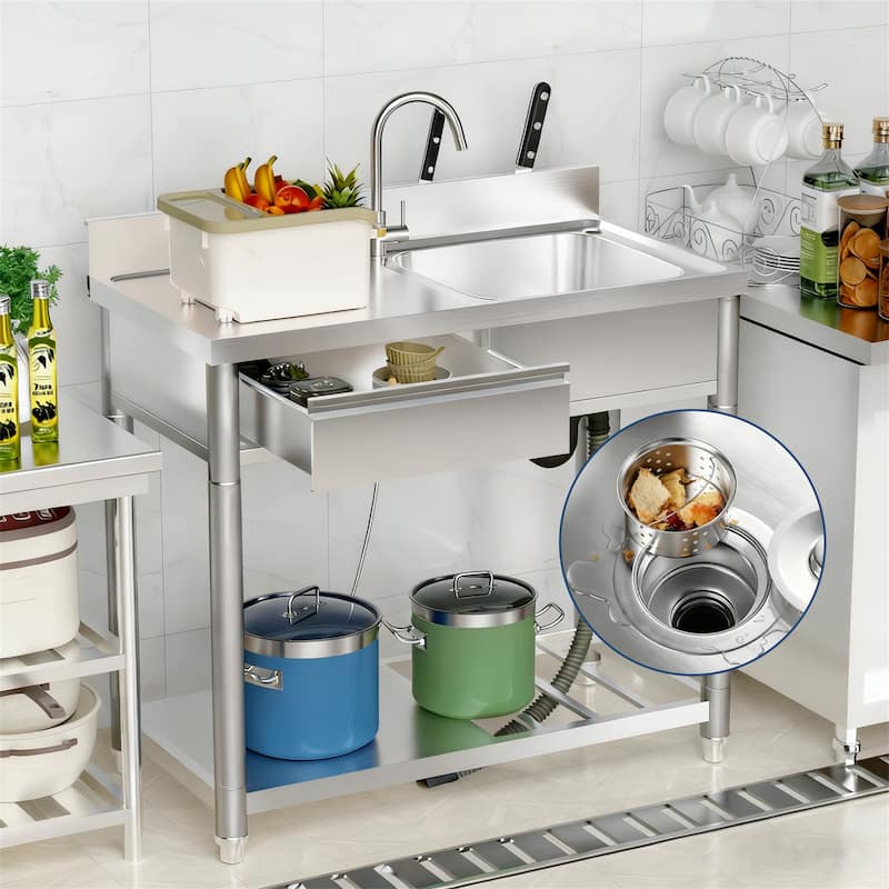 304 Stainless Steel Outdoor Utility Sink Station with Workbench & Storage