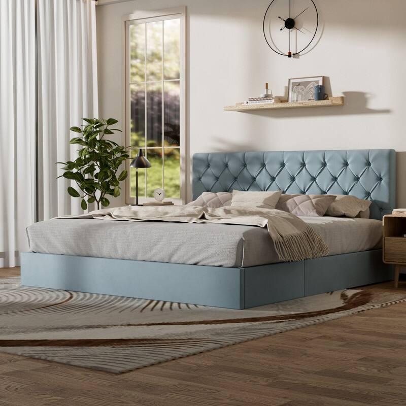 Plywood Frame Upholstered Platform Bed with Lift-up Storage Supported by Metal and Wooden Slats - Blue - King