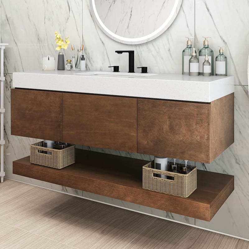 Moasis 48 Inch Floating Wall Mounted Bathroom Vanity with 3 Drawers - Brown