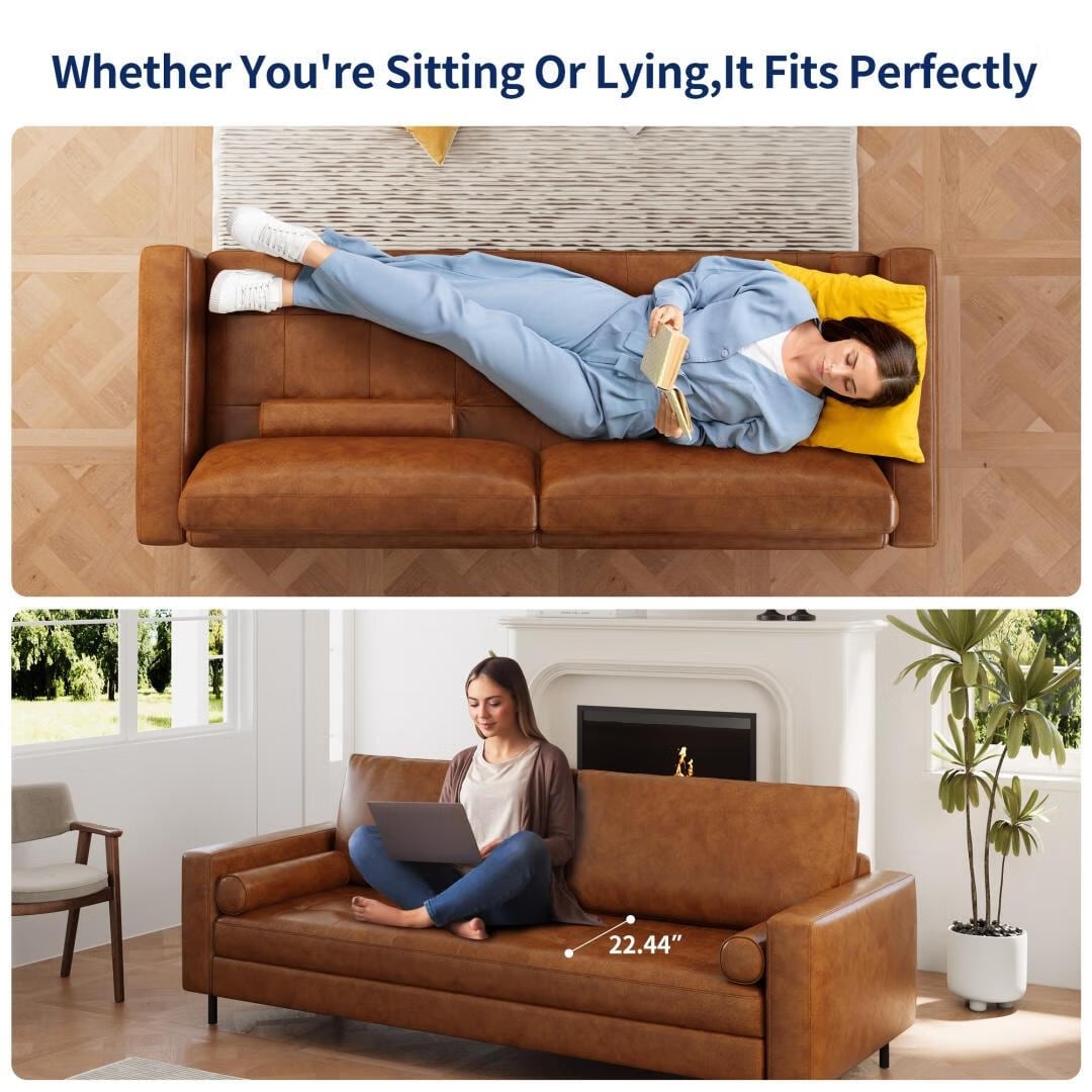 Mid-Century Modern Brown Faux Leather Sofa – 3-Seater Upholstered Couch with Bolster Pillows, Tufted Seat, and Solid Wood Frame