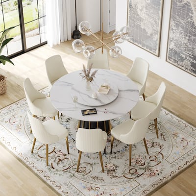 59'' White Round Dining Table with Lazy Susan, Sintered Stone Tabletop - N/A