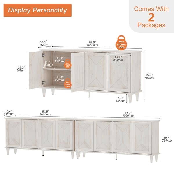 dimension image slide 0 of 6, Large Buffet Cabinet with Handcrafted Pop-Up Doors for Dining Room