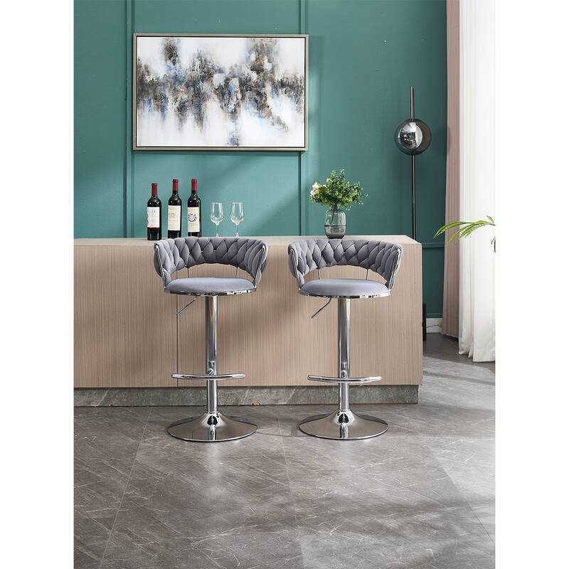 Set of 2 Bar Stools,with Chrome Footrest and Base Swivel Height Adjustable Mechanical Lifting Velvet + Chrome Leg - Grey