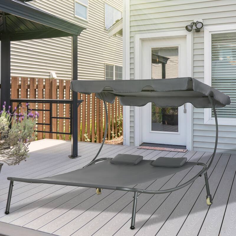 Outsunny Patio Double Chaise Lounge Chair, Outdoor Wheeled Hammock Daybed with Adjustable Canopy and Pillow