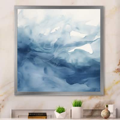 Designart "Blue And White Dancing Watercolor Clouds" Abstract Painting Framed Canvas Art Print