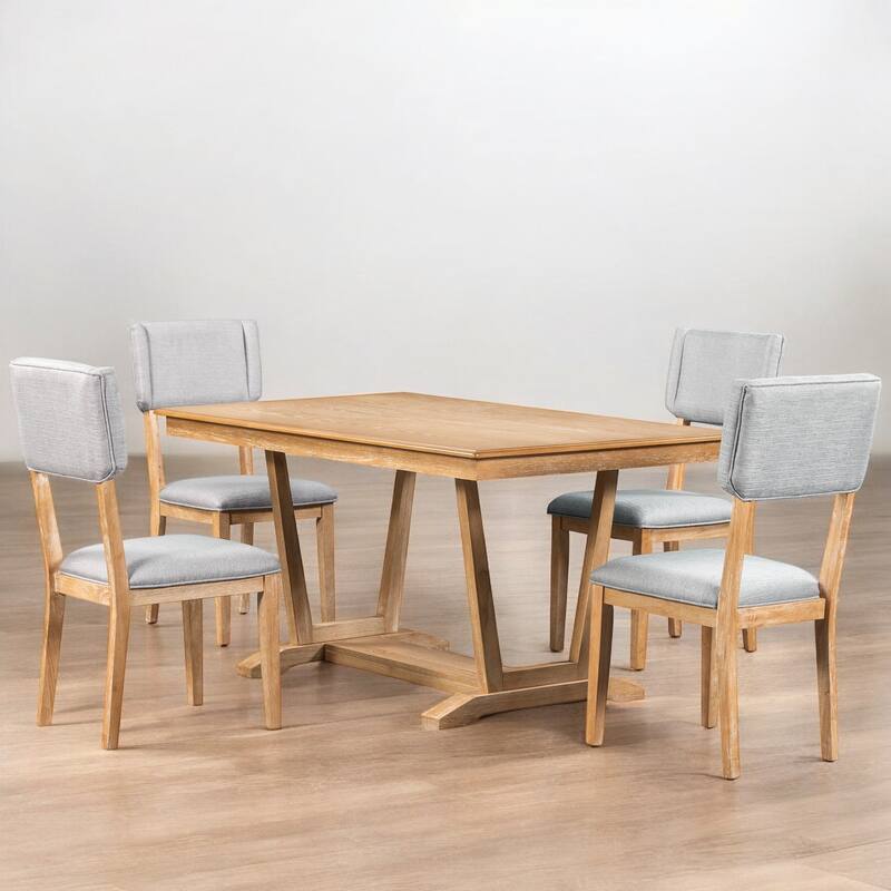 Rustic 5-Piece Dining Table Set with 4 Upholstered Chairs, 59" Rectangular Table with Trestle Base for Kitchen & Dining Room - Naural