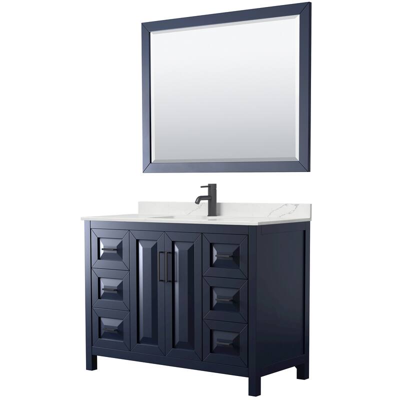 Daria 48-inch Single Vanity, Single Hole Quartz Top, 46-inch Mirror - Dark Blue, Black Trim, Giotto Quartz Top