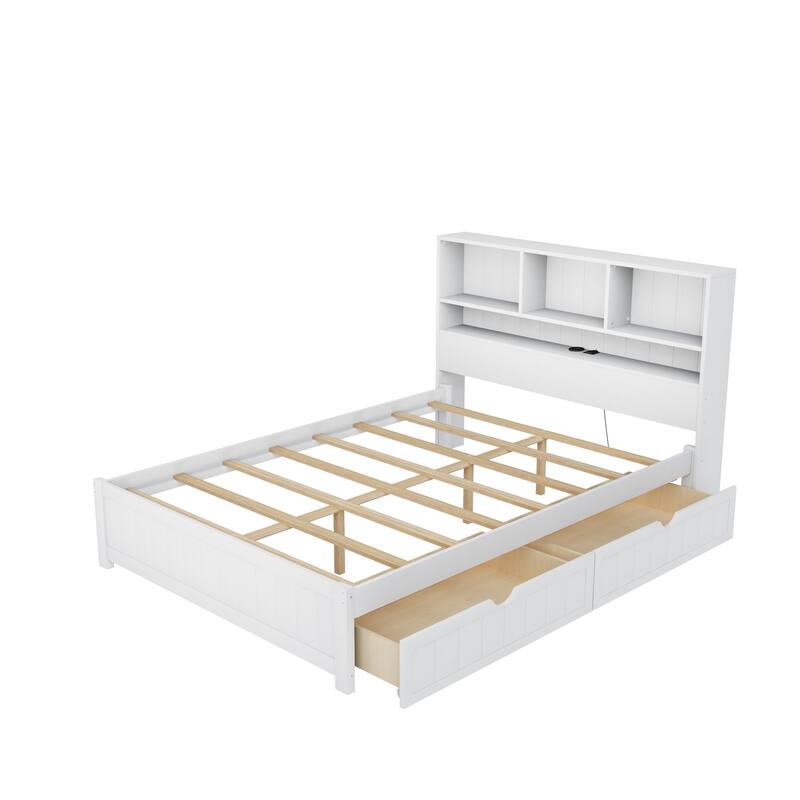Wood Platform Bed Frame with Built-In Night Light/Charging Station/Open Bookcase Headboard/and 2 Side Drawers/Wood Slats Support