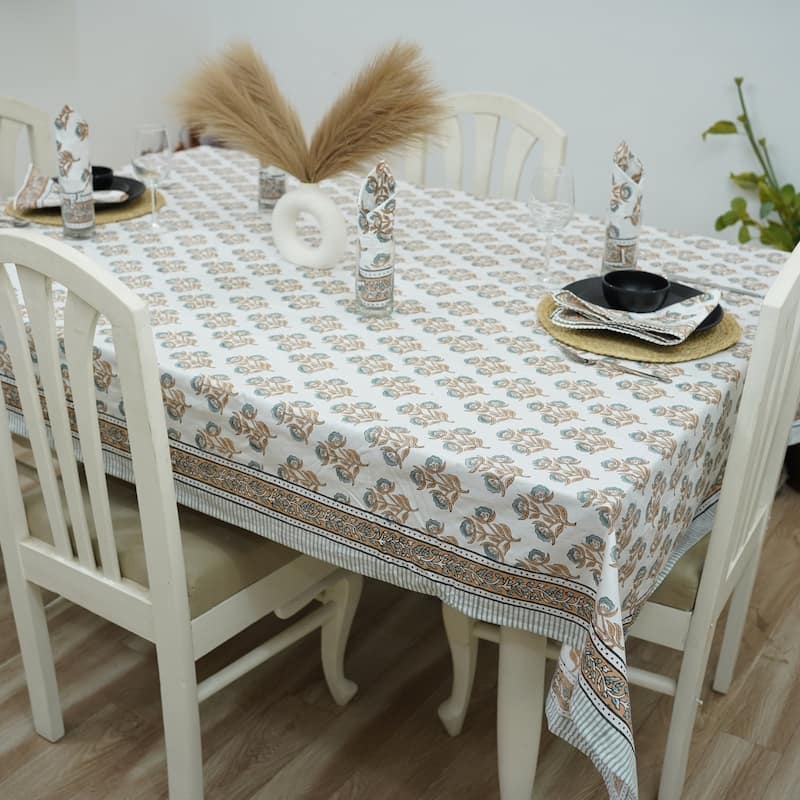 Fabdivine Handmade Block Print Cotton Table Cover Farmhouse Dining Kitchen Decor Gift