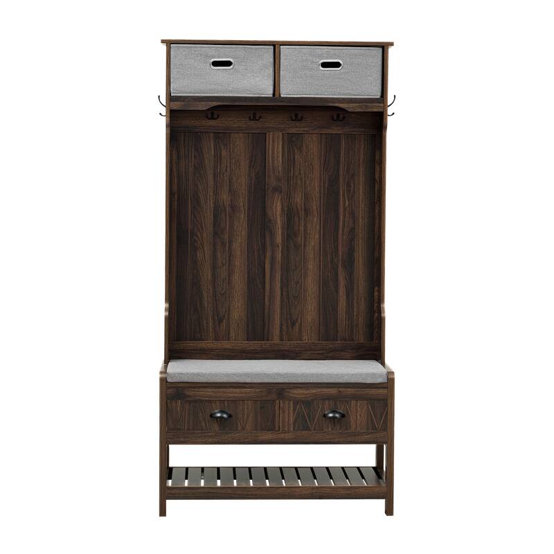 Hall Tree Coat Rack with Storage Bench, Entryway Bench with Shoe Rack and 6 Hooks, 3 in 1 Wood Organizer for Home