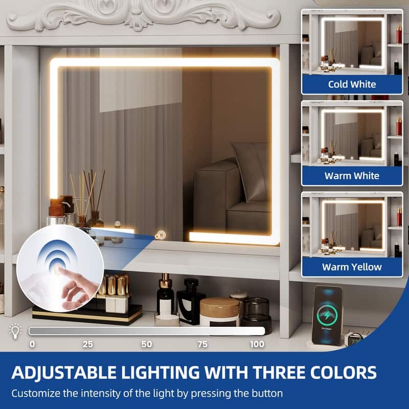 Moasis Modern 5-Drawer Makeup Vanity Table With Exquisite Carved and Built-in Charging Station