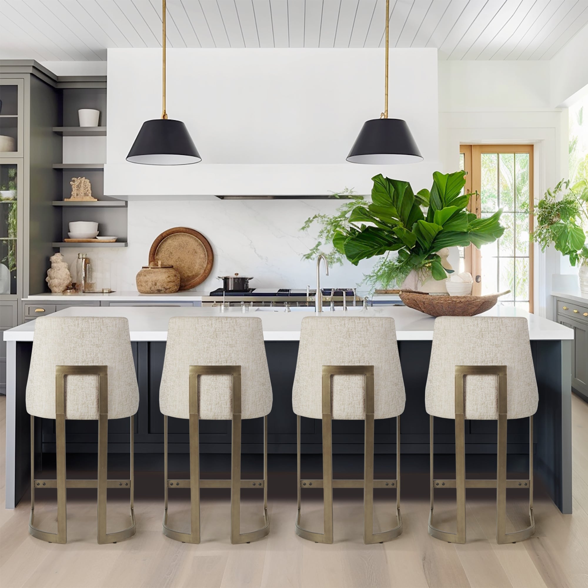 Roomfitters 26-Inch Upholstered Counter Stool, Modern Parsons Style with Antique Gold Metal Base, Cream