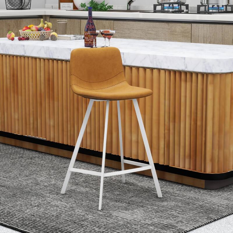 Elland Leather Bar Stool - Modern Counter Height Stool with White Stainless Steel Legs for Kitchen Island or Home Bar Set of 2