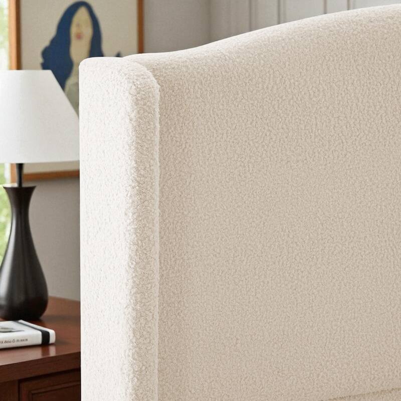 Twin/Queen/King Platform Bed, 49.21 in Upholstered Headboard, Teddy Velvet, 12-Slat Support, Solid Wood Legs, White