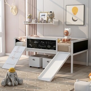 Twin size Loft Bed Wood Bed with Blackboard and Boxes, White