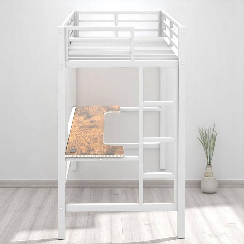 Twin/Full Size Gaming Metal Loft Bed with Desk, Remote LED Light & USB Charging Station - Space-Saving Frame