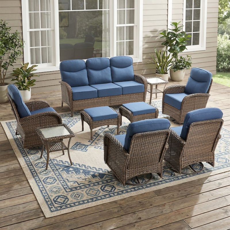 Pocassy Outdoor Sofa Swivel Chair and Ottman with Fire Pit Table - Brown Wicker Blue Cushion - 9-Piece Sofa Swivel Chiar with Ottoman