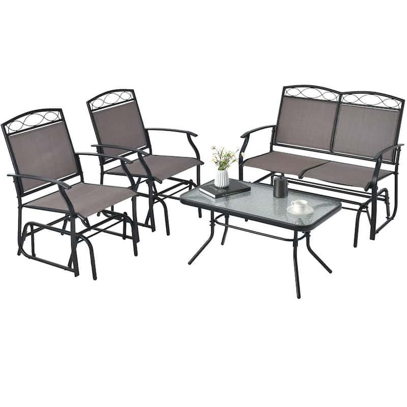 4PCS Patio Glider Conversation Set Rocking Chair Table Heavy-Duty - Brown + Black