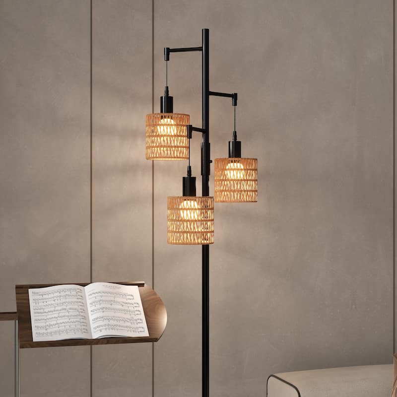 3 Light Rattan Standing Tall Lamp Vintage Floor Lamps