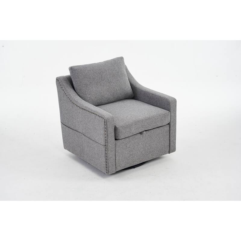 Linen Upholstered Swivel Accent Chair, Ergonomic Single Sofa Chair, Lounge Reading Chair with Nailhead Decor & Metal Base